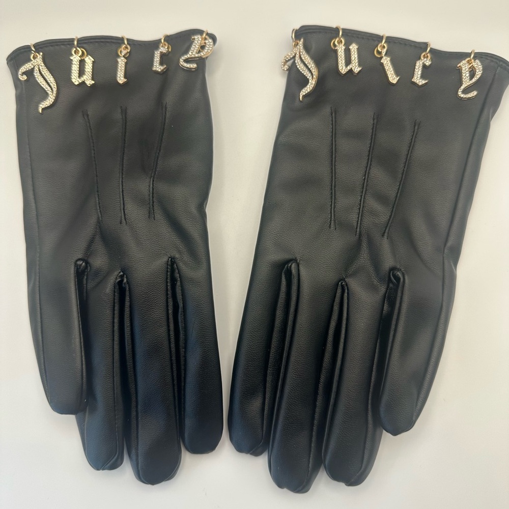 Juicy Couture Black Gloves Gold Rhinestone Dangle Bling Charm Faux Leather Y2K